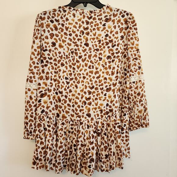 Cato Animal Print Top Tunic Lace Sleeve Ruffle Hem Button Front Lightweight LG - Picture 2 of 10